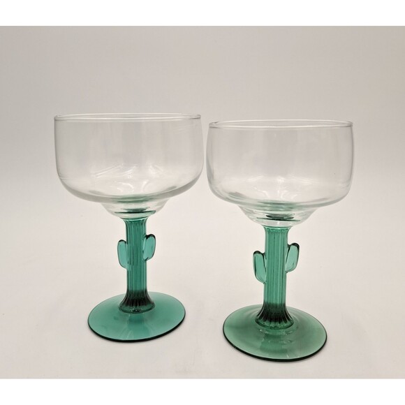 Libbey Margarita Cactus Stem Glasses, Green, Southwestern Fiesta Mixed Set of 2 - Picture 1 of 10